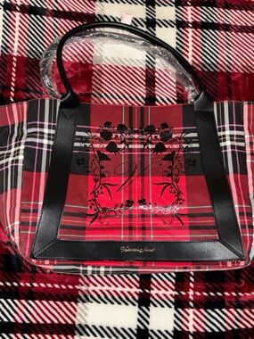 NEW Victoria's Secret Red and Black Plaid Tote with Floral Crest